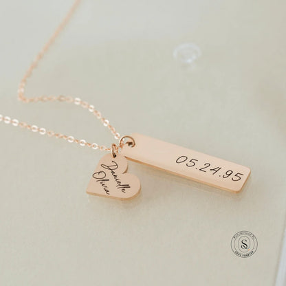 Personalised Name Necklace with Date & Heart Charm